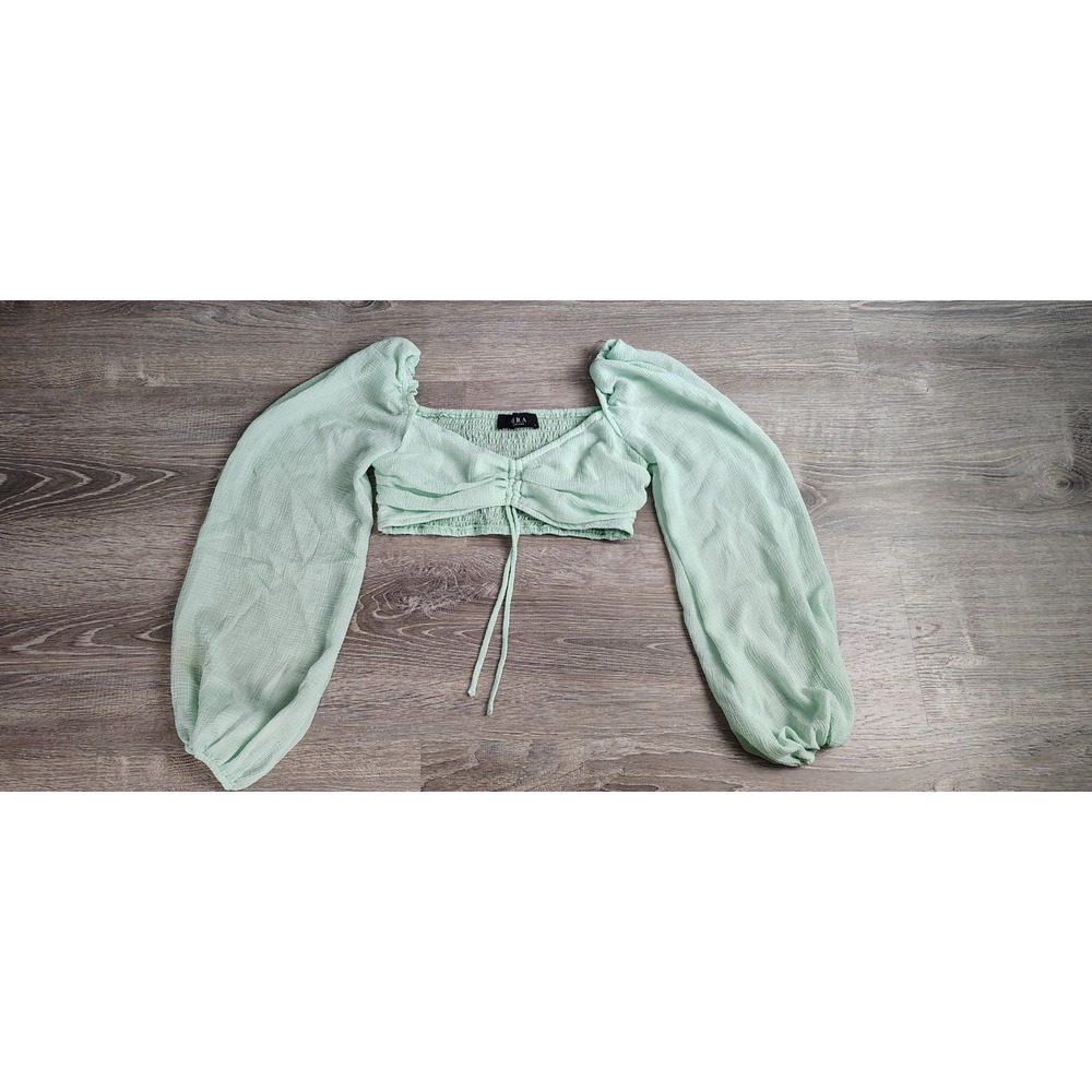 AKIRA Green Ruched Drawstring Center On/Off‎ Shoulders Crop Top S Long Sleeve